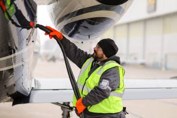 Duncan Aviation line service technician fueling business jet