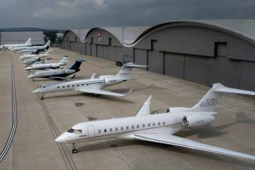 Aerial view of business jets parked outside hangars at Farnborough SAF event 2020
