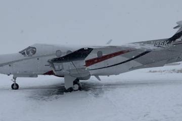Ice accumulating on Pilatus PC-12 N56KJ on the ramp at South Dakota’s Chamberlain Municipal Airport