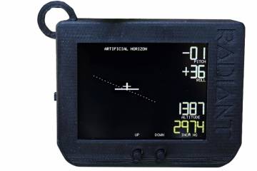 Radiant's portable flight sensor pack displaying an artificial horizon