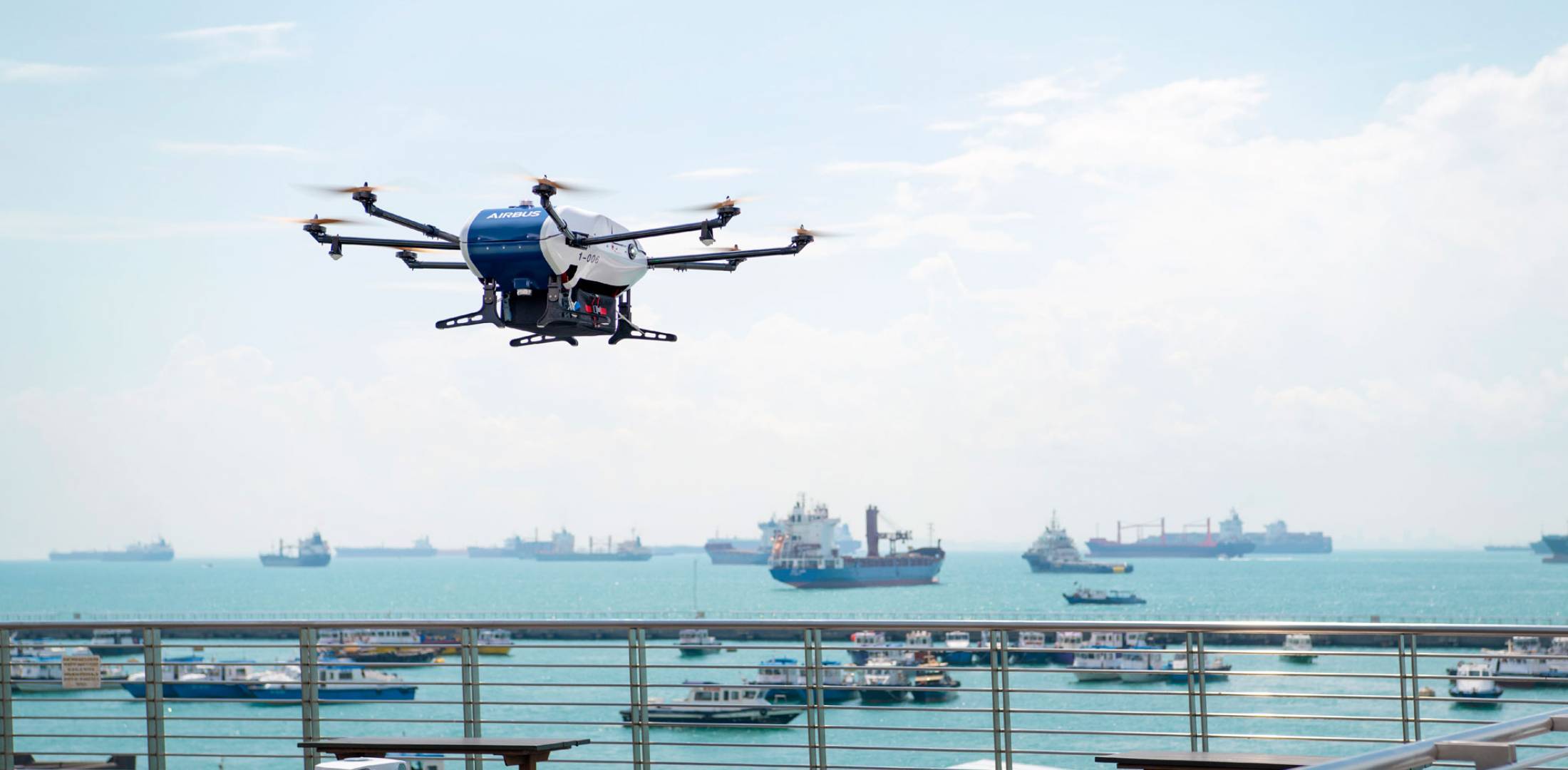 Airbus's Skyways drone delivering cargo to ships docked off Singapore.